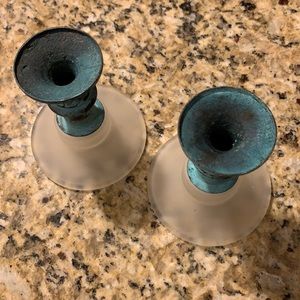 Pier 1 Beautiful Patina Candleholders | Aqua & Frosted Glass